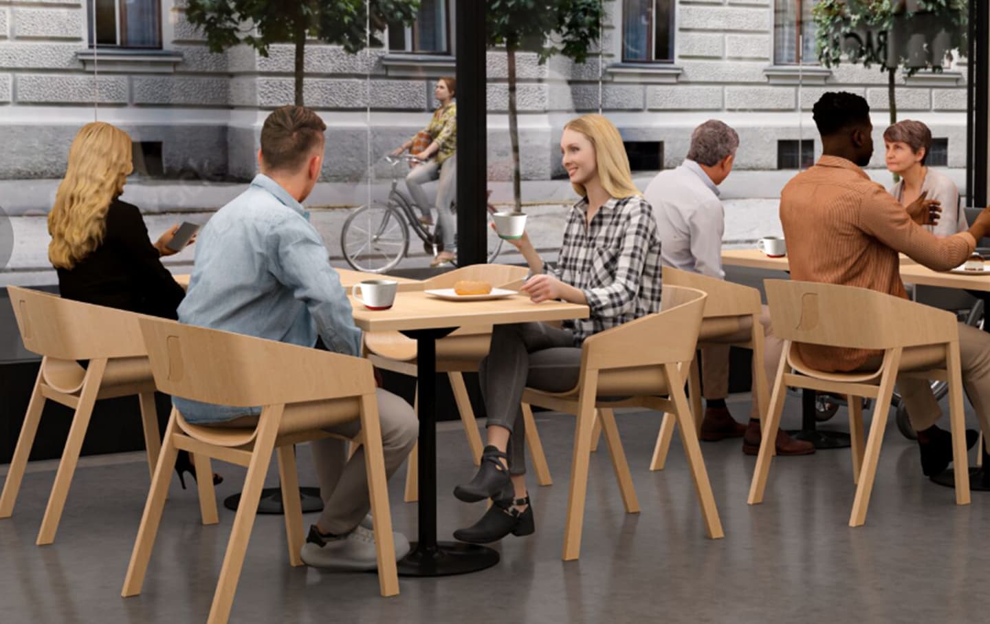 Затишна сцена кафе з відвідувачами, які насолоджуються напоями та випічкою, сидячи за дерев'яними столиками