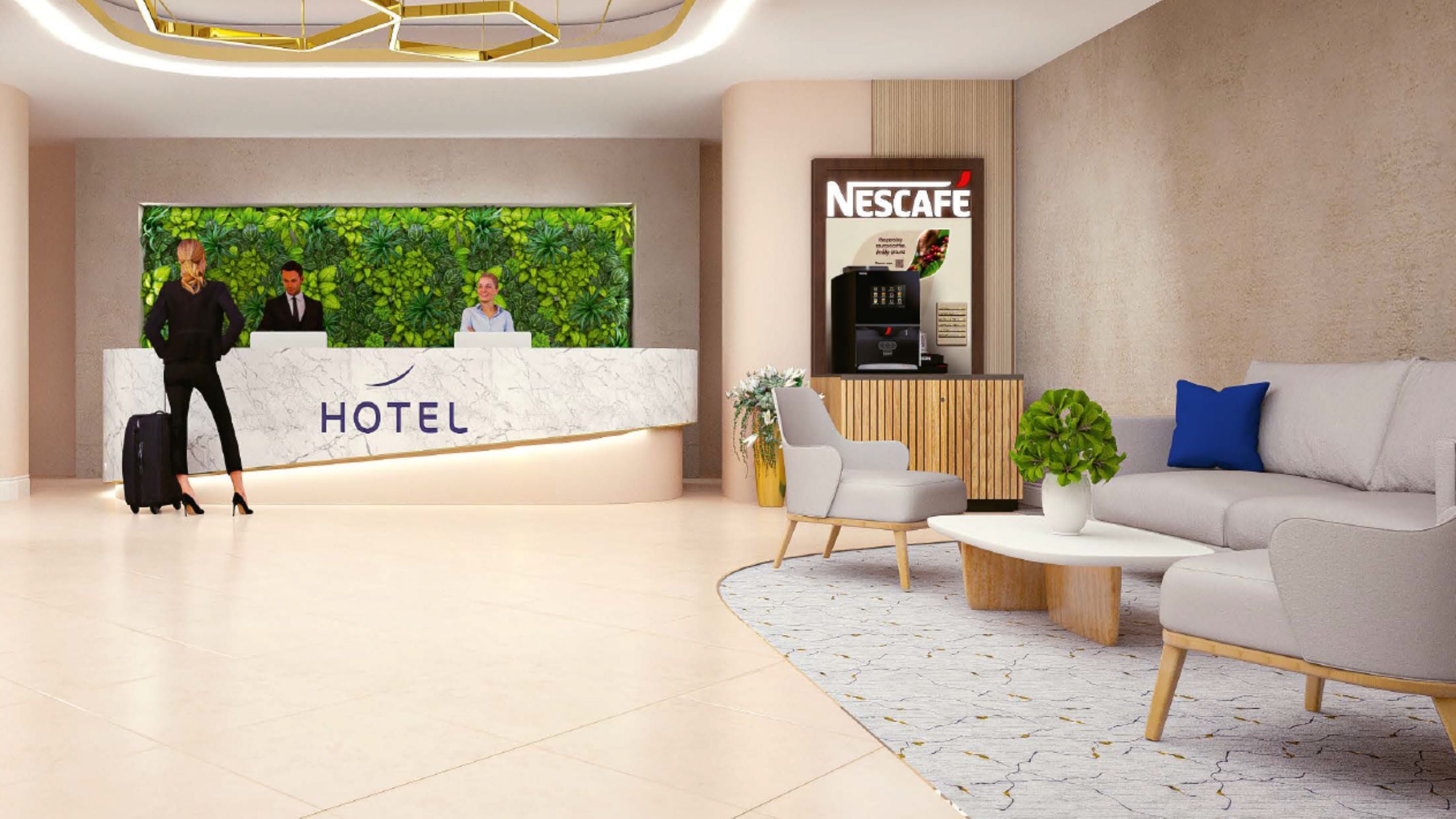 Сучасний лобі готелю з рецепцією, зеленими стінними декораціями, кавовим апаратом Necafe та стильними меблями для сидіння.